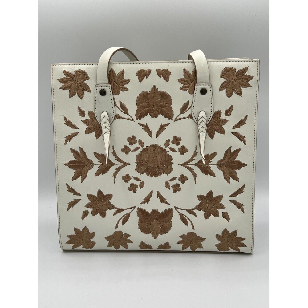 Adrienne Vittadini White Embroidered Tote Bag Floral Faux Leather Boho